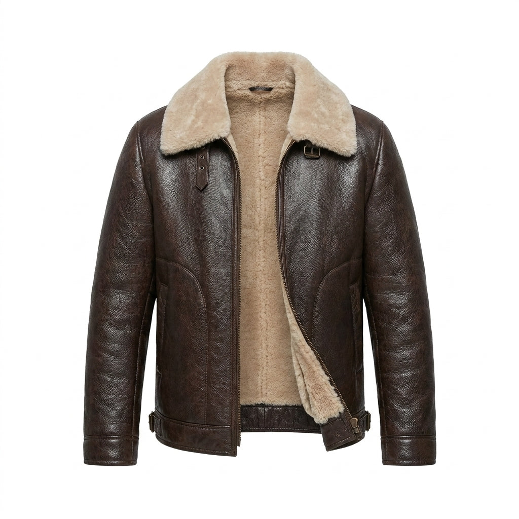 Men's B3 Brown Shearling Leather Jacket Classic Aviator Bomber