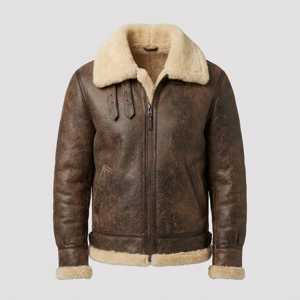 Men's Brown Distressed B3 Shearling Leather Bomber Jacket