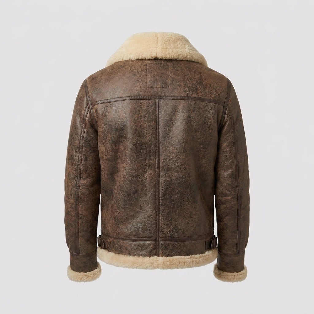 Men's Brown Distressed B3 Shearling Leather Bomber Jacket