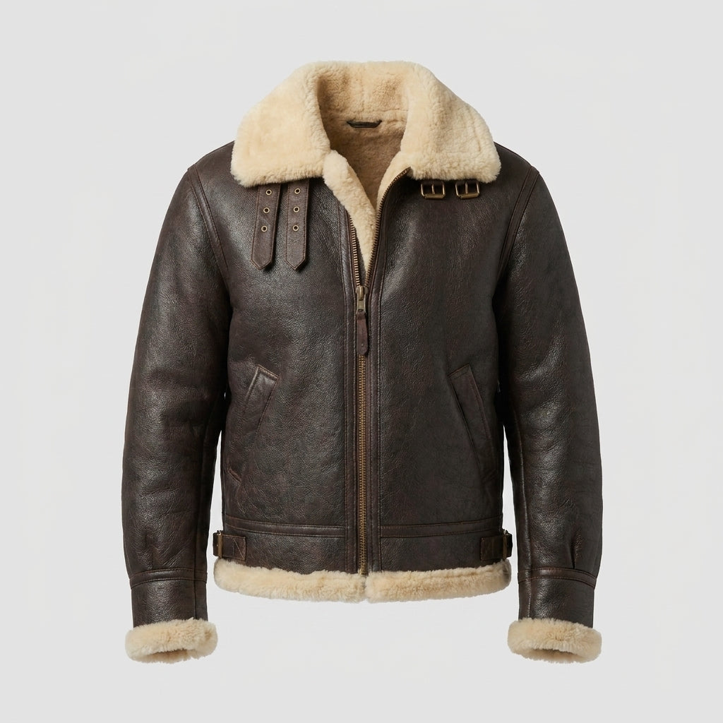 Men's Brown B3 Sheepskin Bomber Jacket – Cream Shearling