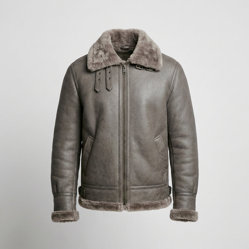 Men's Grey B3 Shearling Leather Bomber Jacket