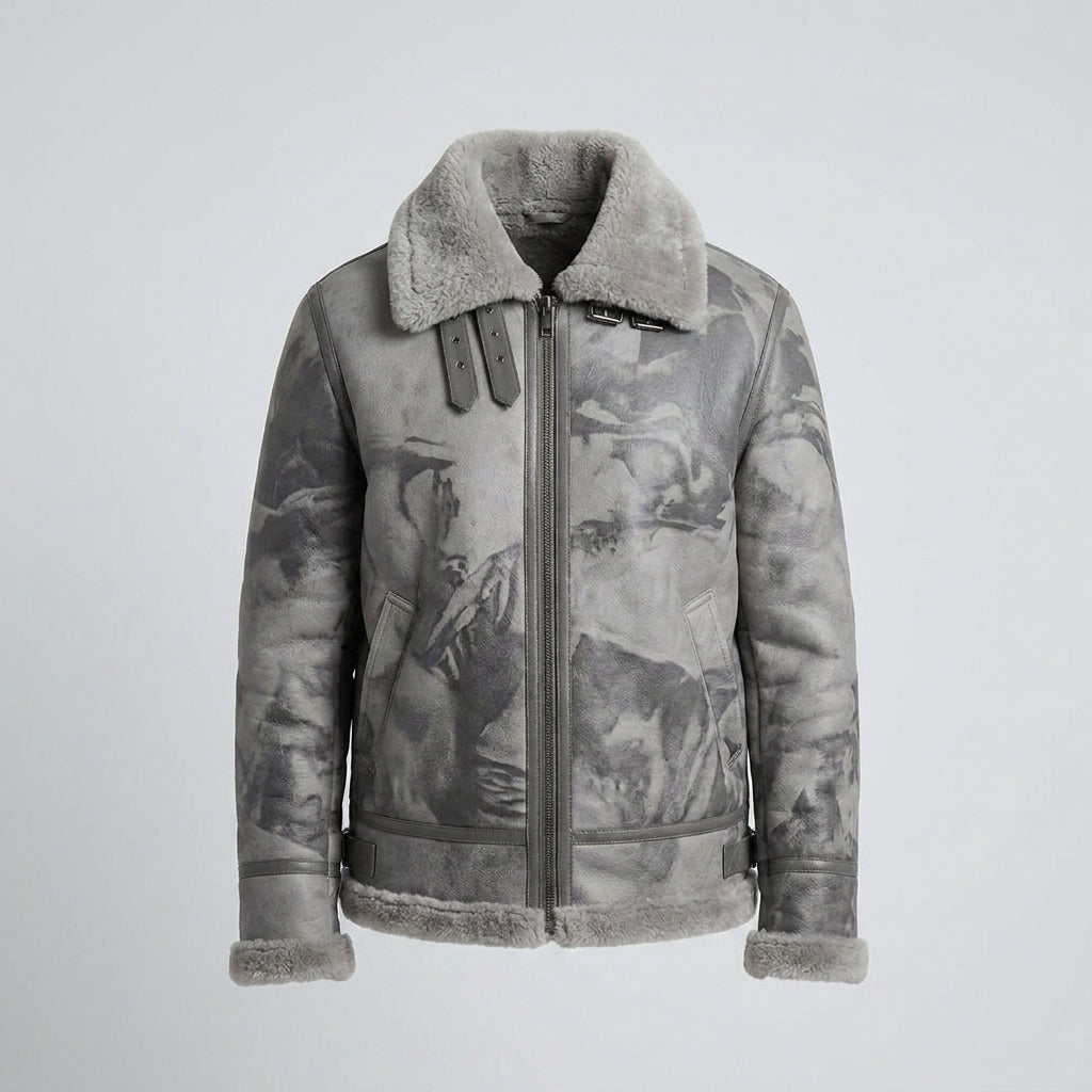 Men's Grey Camo B3 Shearling Leather Bomber Jacket