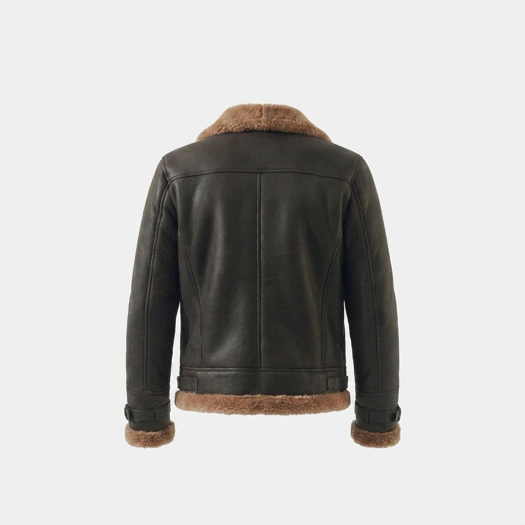 Men's Black Leather Shearling Jacket – Brown Sheepskin Collar