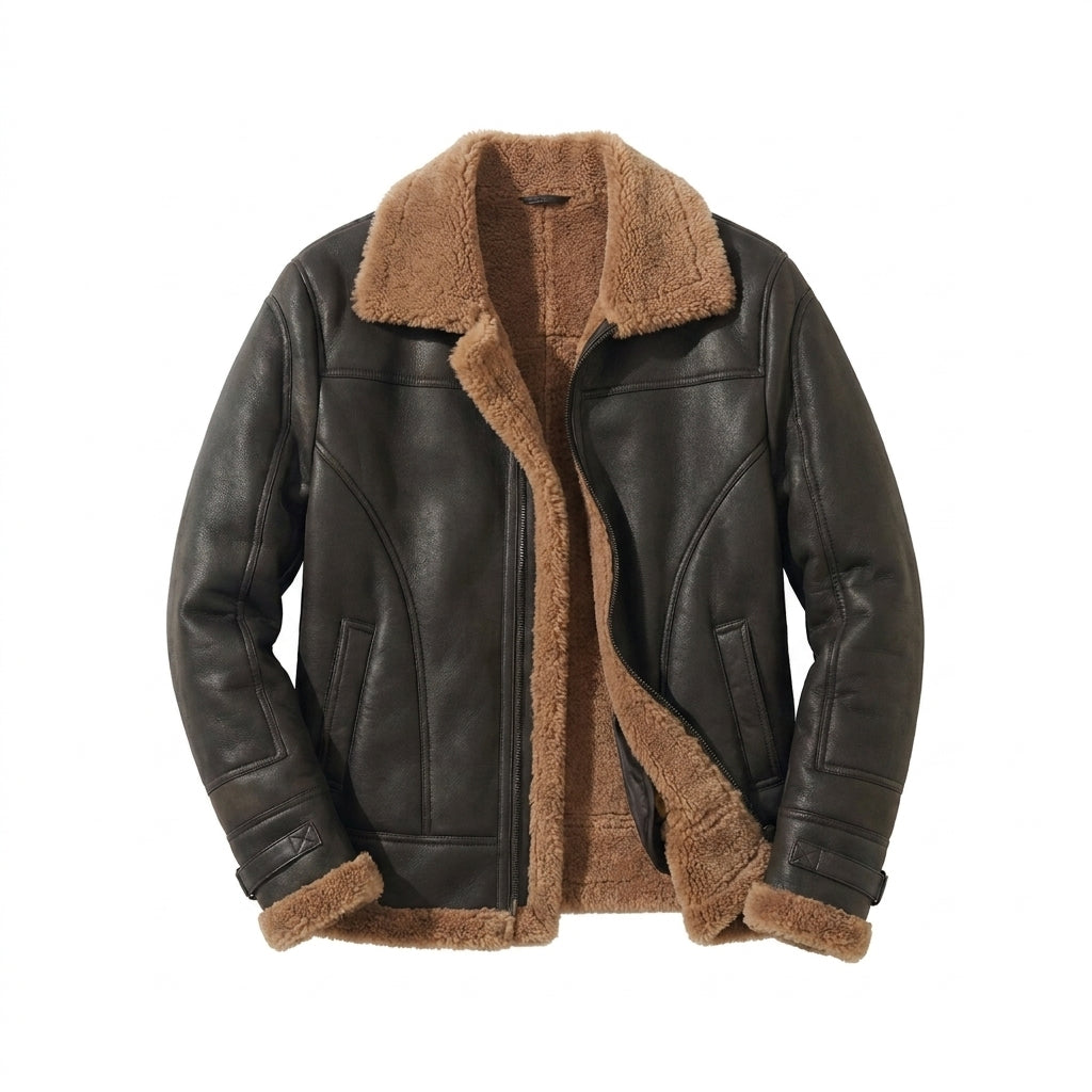 Men's Black Leather Shearling Jacket – Brown Sheepskin Collar