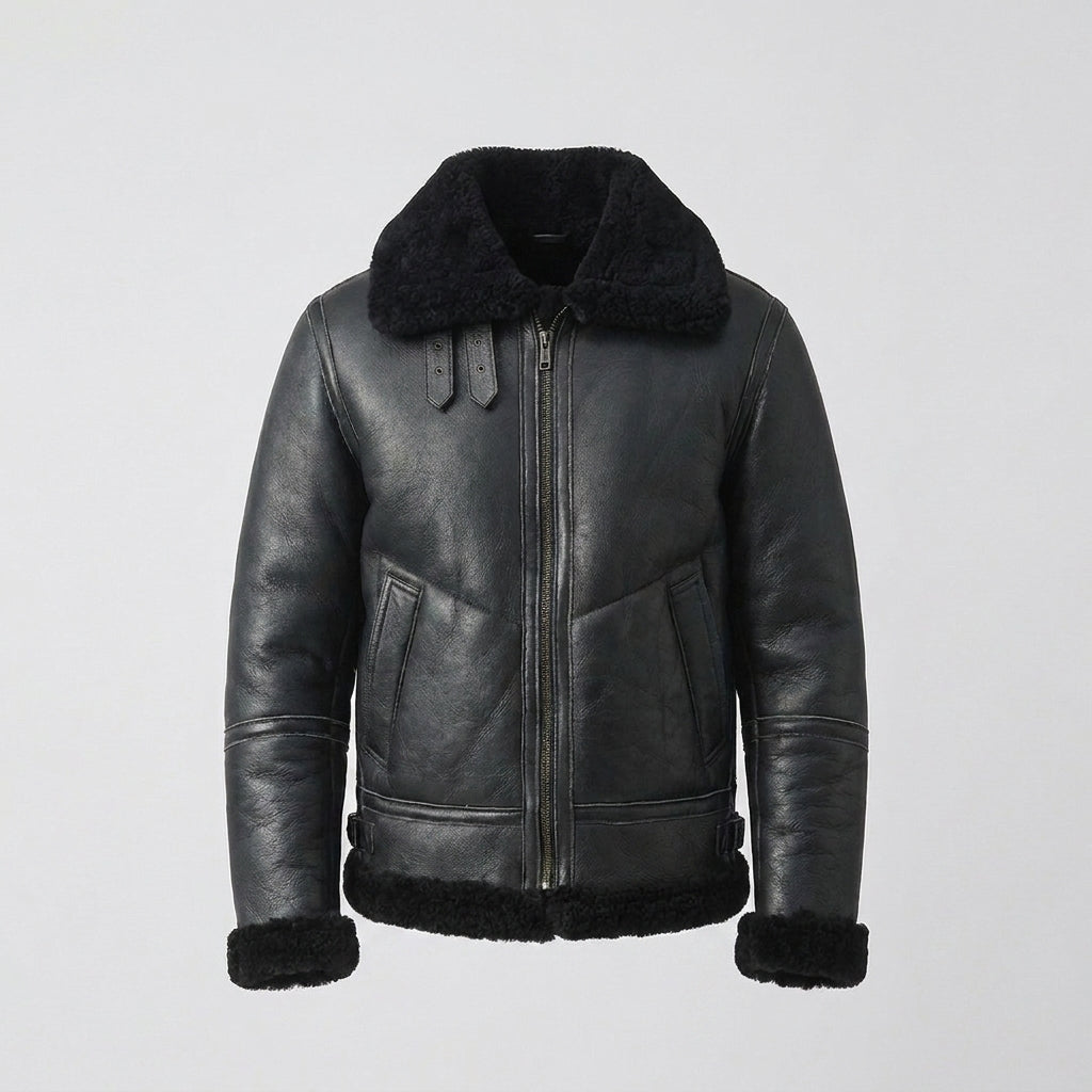 Men's Black Shearling Leather Jacket with Shearling Fur