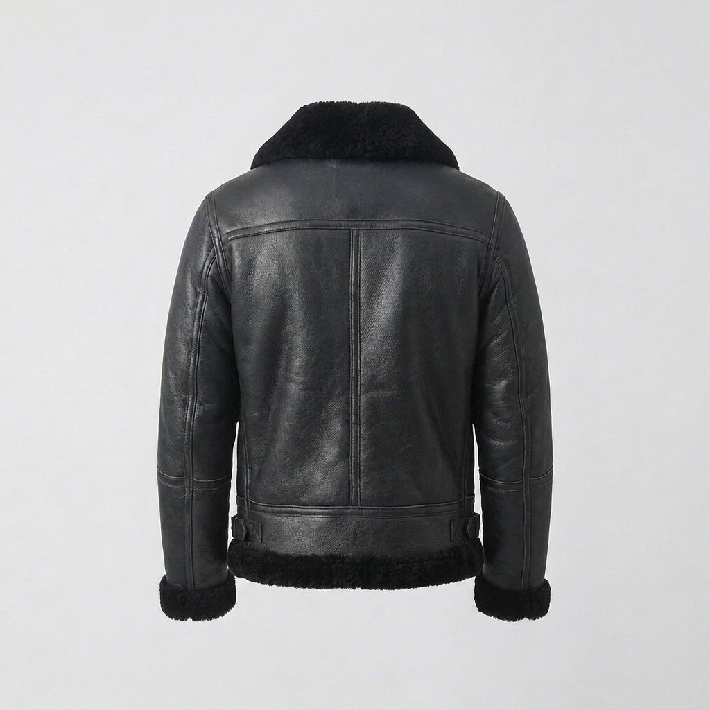 Men's Black Shearling Leather Jacket with Shearling Fur