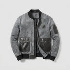 Men's Grey Shearling Jacket with Black Leather Patch Pockets