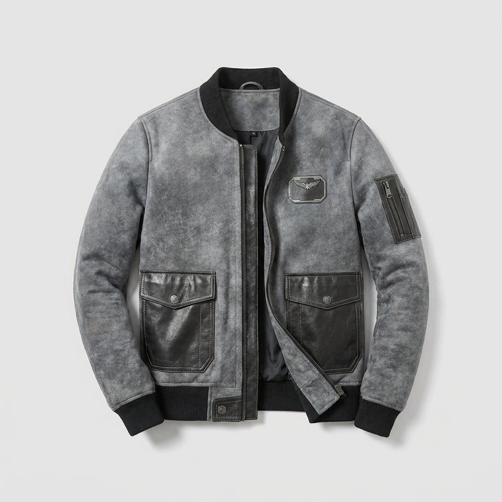 Men's Grey Shearling Jacket with Black Leather Patch Pockets