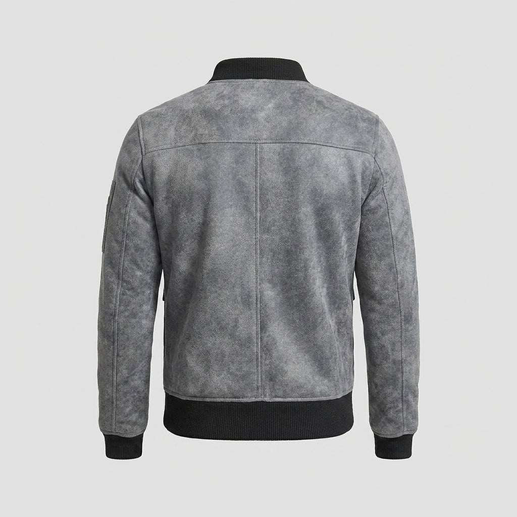Men's Grey Shearling Jacket with Black Leather Patch Pockets
