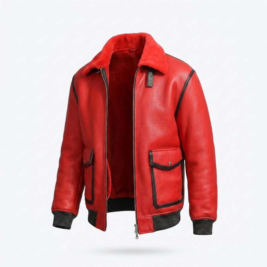 Men's Red Shearling Jacket with Black Trim & Buckle Collar