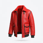 Men's Red Shearling Jacket with Black Trim & Buckle Collar