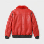 Men's Red Shearling Jacket with Black Trim & Buckle Collar