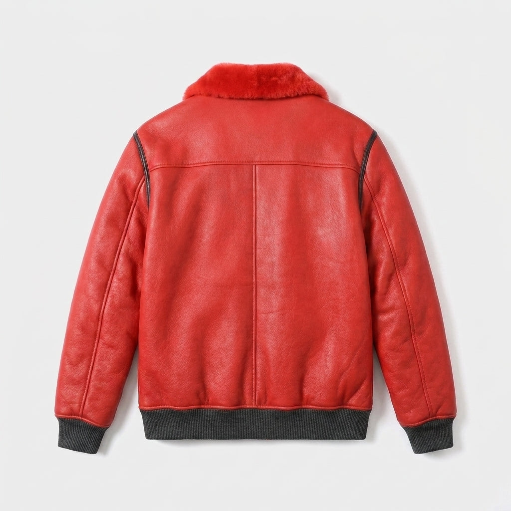 Men's Red Shearling Jacket with Black Trim & Buckle Collar