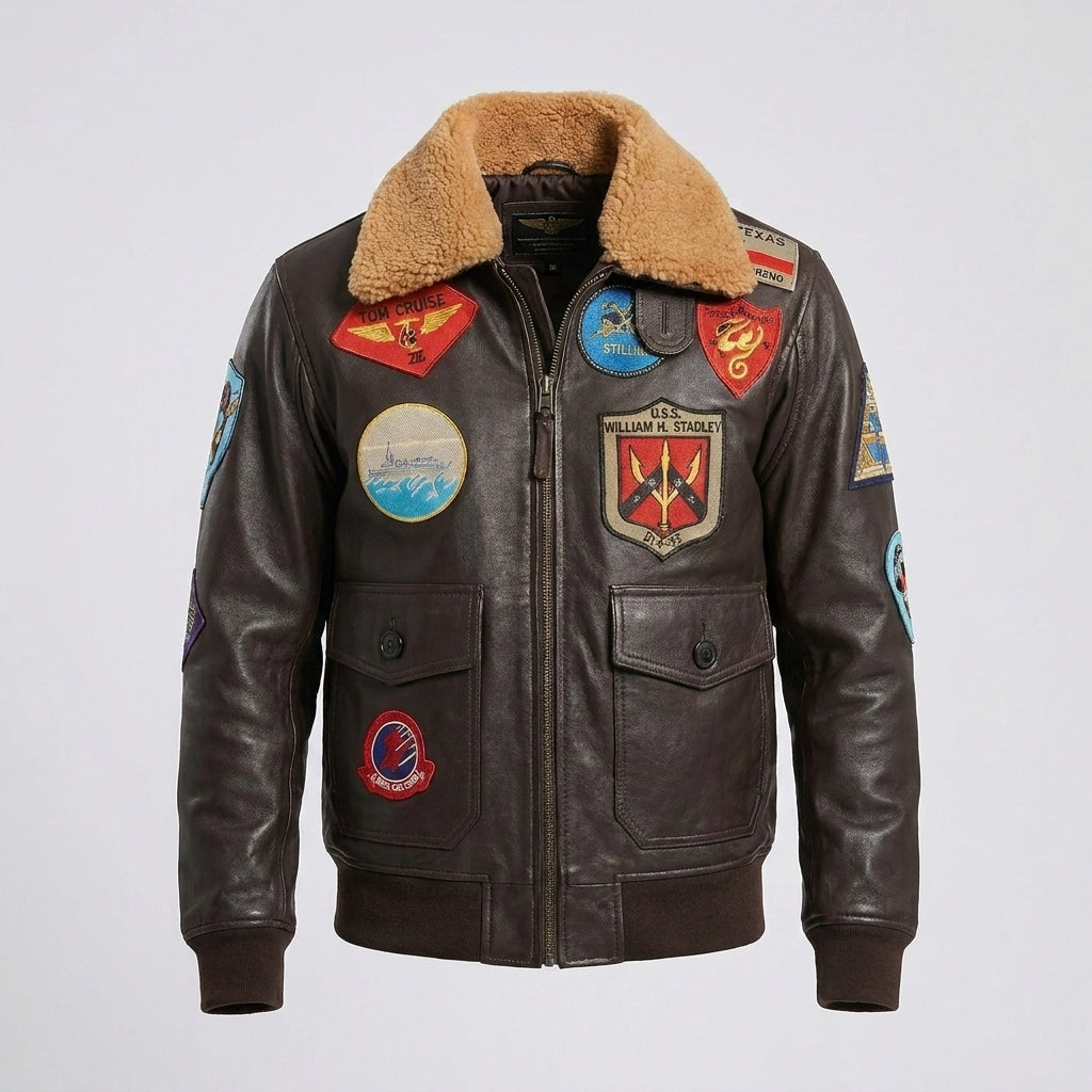 Men's Leather Jacket with Removable Mouton Shearling Collar
