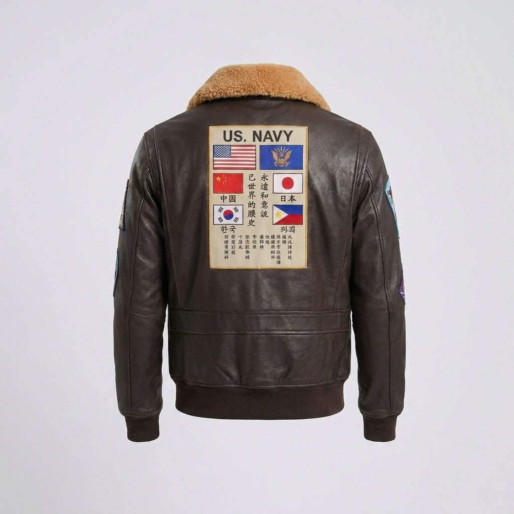 Men's Leather Jacket with Removable Mouton Shearling Collar