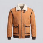 Men's Suede Shearling Aviator Jacket with White Collar