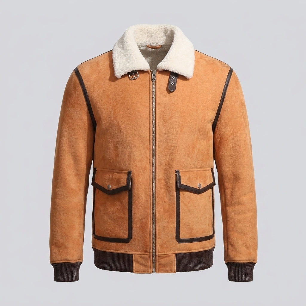 Men's Suede Shearling Aviator Jacket with White Collar