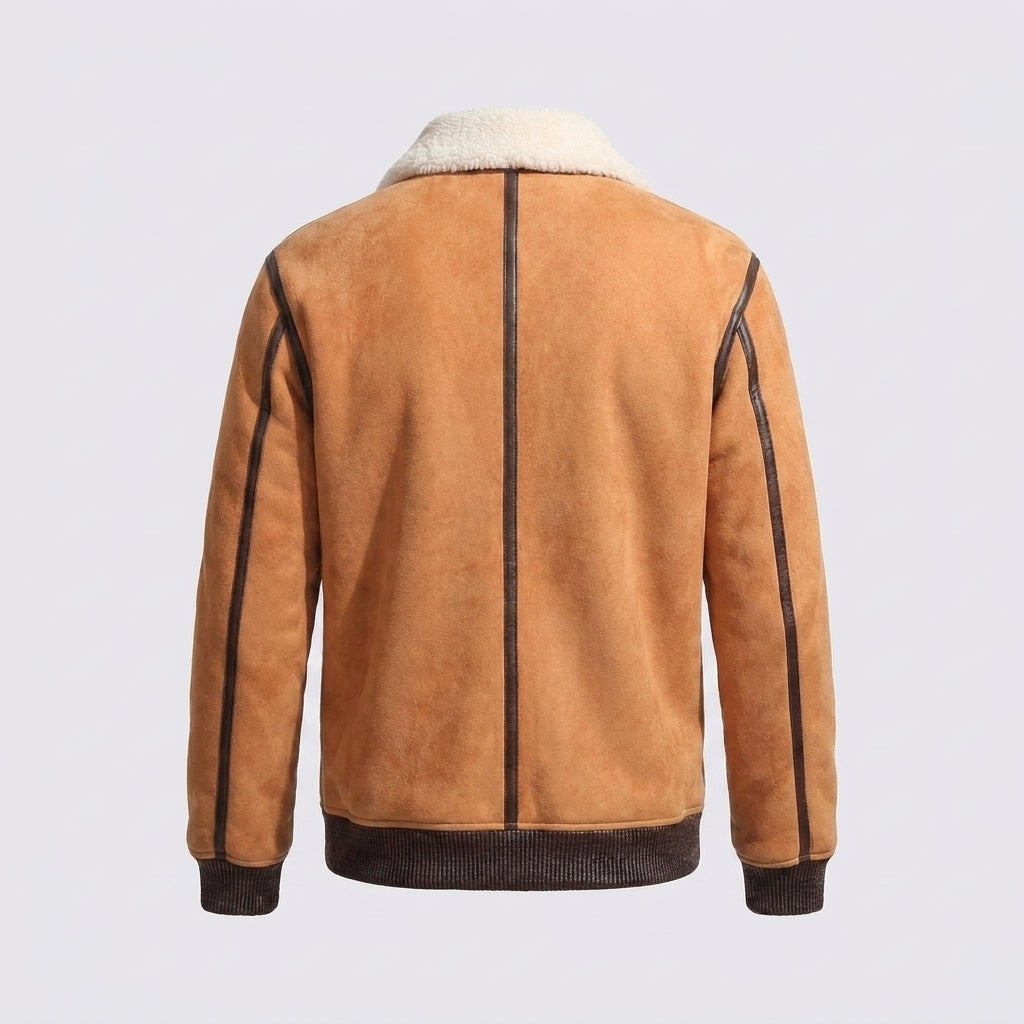 Men's Suede Shearling Aviator Jacket with White Collar