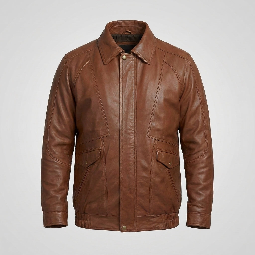 Men's Brown Genuine Leather Bomber Jacket
