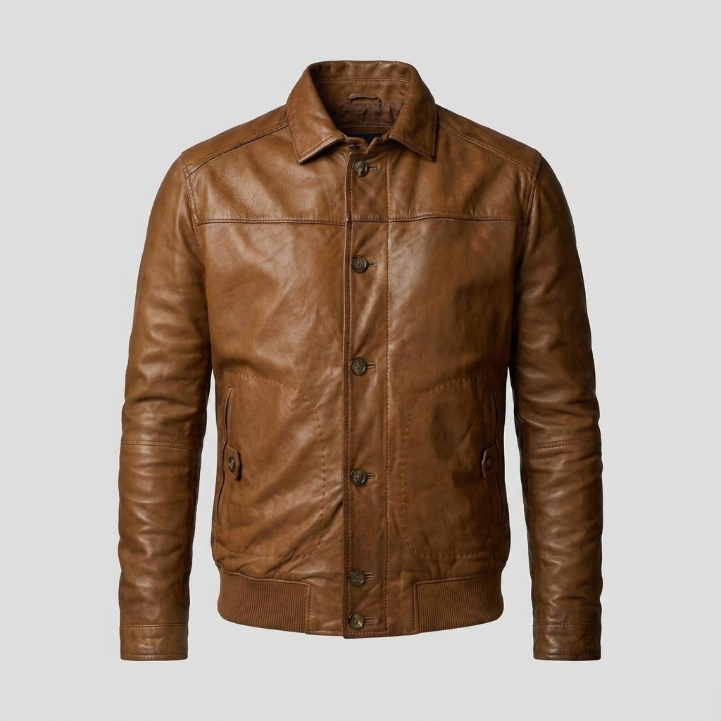 Men's Brown Lambskin Leather Bomber Jacket with Shirt Collar