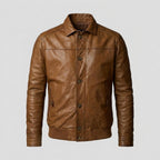 Men's Brown Lambskin Leather Bomber Jacket with Shirt Collar