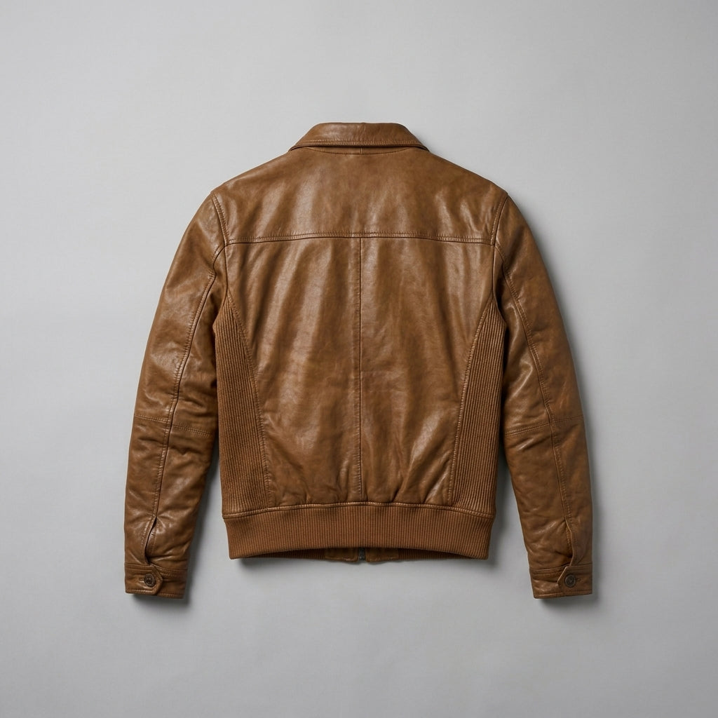 Men's Brown Lambskin Leather Bomber Jacket with Shirt Collar