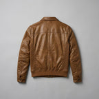 Men's Brown Lambskin Leather Bomber Jacket with Shirt Collar