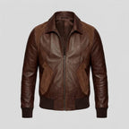 Men's Brown Leather Bomber Jacket with Dark Suede Panels