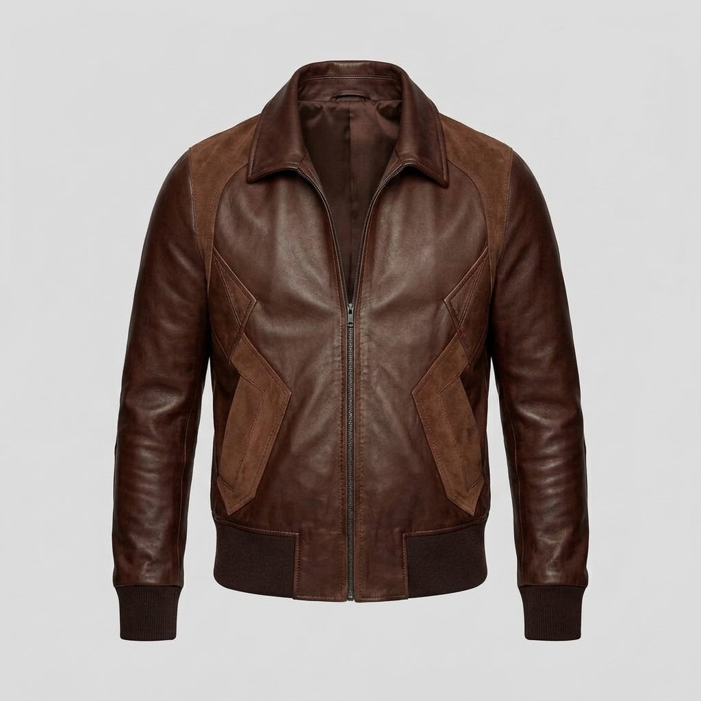 Men's Brown Leather Bomber Jacket with Dark Suede Panels