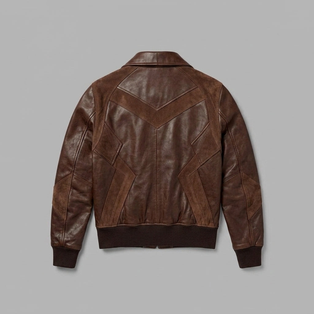 Men's Brown Leather Bomber Jacket with Dark Suede Panels