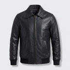 Men's Military Leather Bomber Jacket with Spread Collar & Ribbed Cuffs