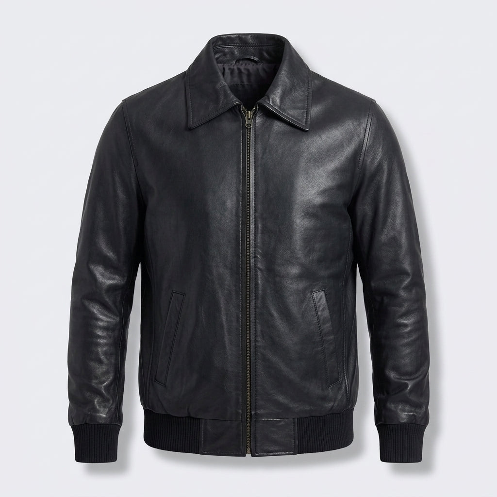 Men's Military Leather Bomber Jacket with Spread Collar & Ribbed Cuffs