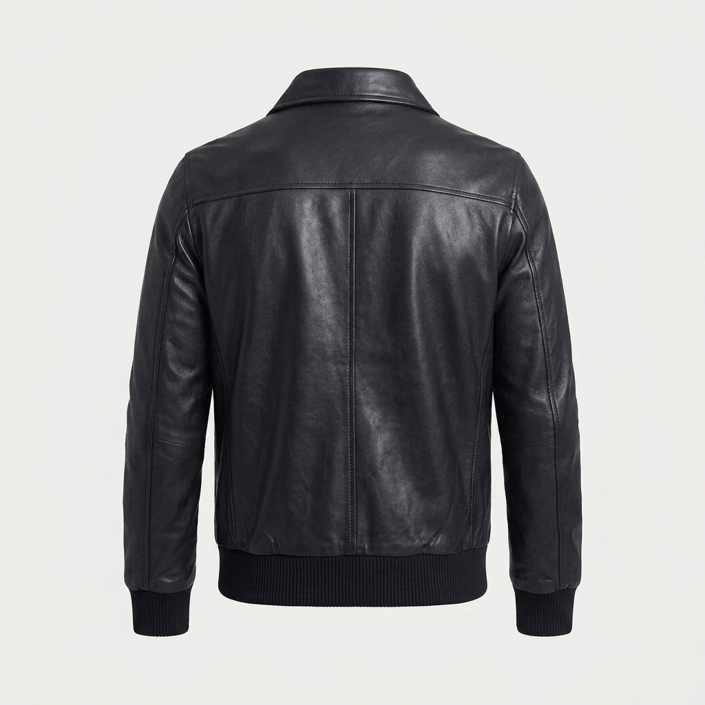 Men's Military Leather Bomber Jacket with Spread Collar & Ribbed Cuffs