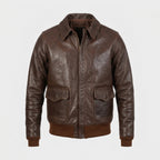 Men's Brown Lightweight Leather Flight Bomber Jacket with Ribbed Waistband