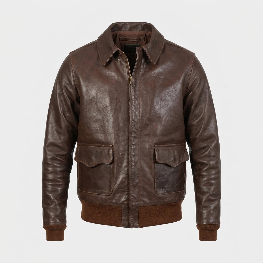 Men's Brown Lightweight Leather Flight Bomber Jacket with Ribbed Waistband