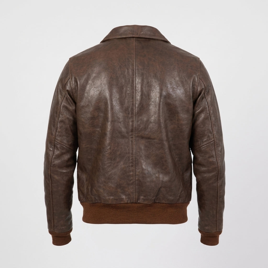 Men's Brown Lightweight Leather Flight Bomber Jacket with Ribbed Waistband