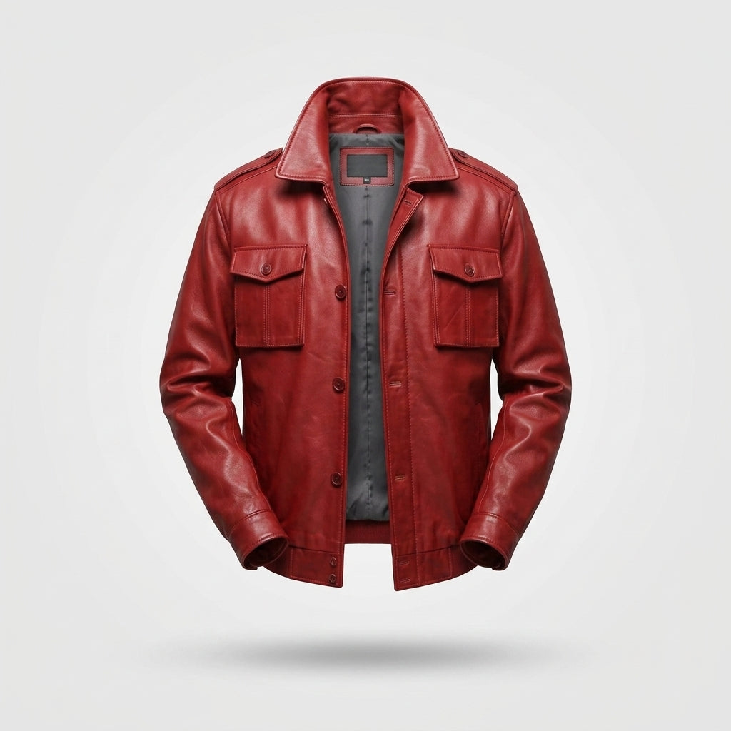 Men's Red Real Leather Bomber Jacket – Premium Fashion Style