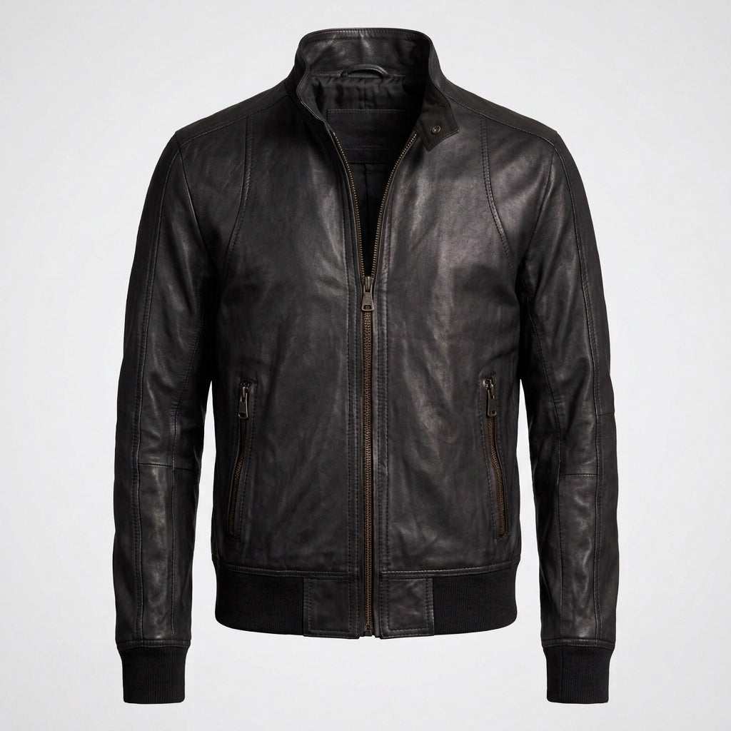 Men's Stylish Sheepskin Leather Bomber Jacket with Stand Collar