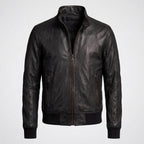 Men's Stylish Sheepskin Leather Bomber Jacket with Stand Collar
