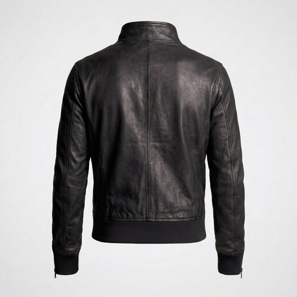 Men's Stylish Sheepskin Leather Bomber Jacket with Stand Collar