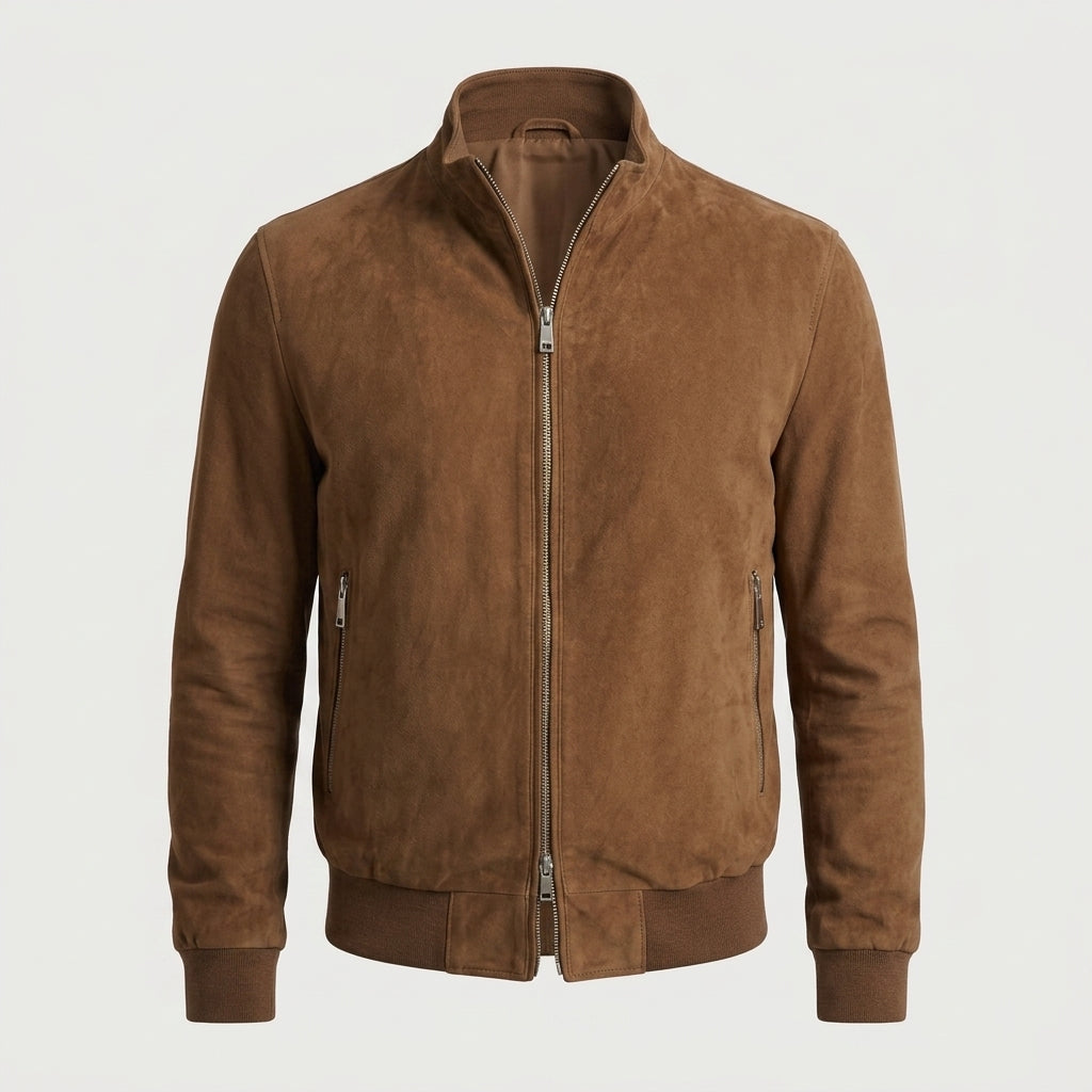 Men's Classic Suede Bomber Jacket with Stand Collar & Ribbed Trim