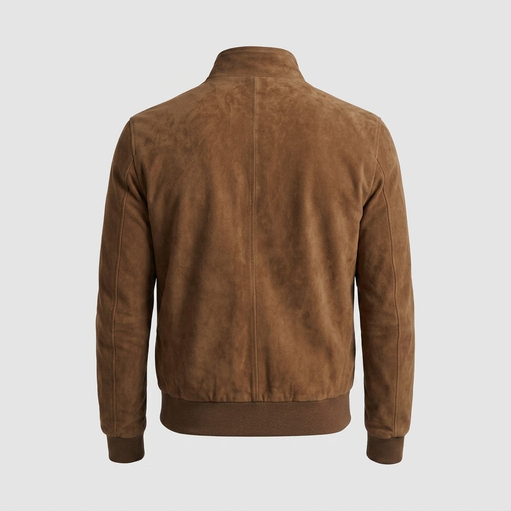 Men's Classic Suede Bomber Jacket with Stand Collar & Ribbed Trim
