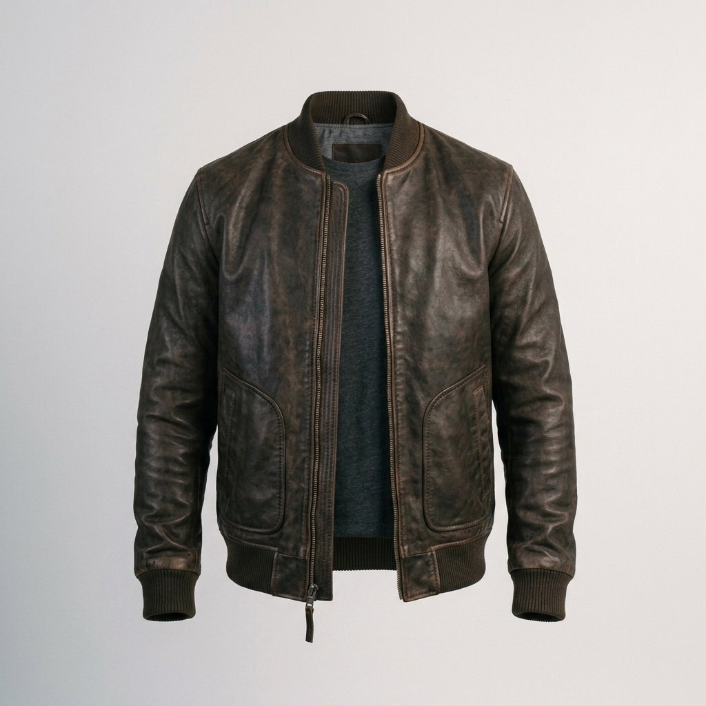 Men's Brown Distressed Leather Bomber Jacket