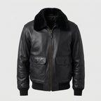 Men's Black Leather Flight Jacket with Removable Mouton Fur Collar
