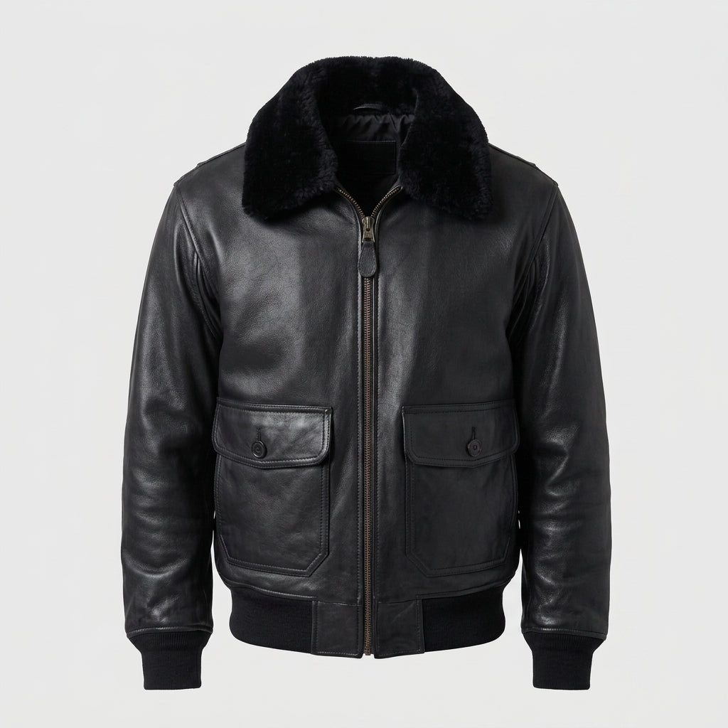 Men's Black Leather Flight Jacket with Removable Mouton Fur Collar