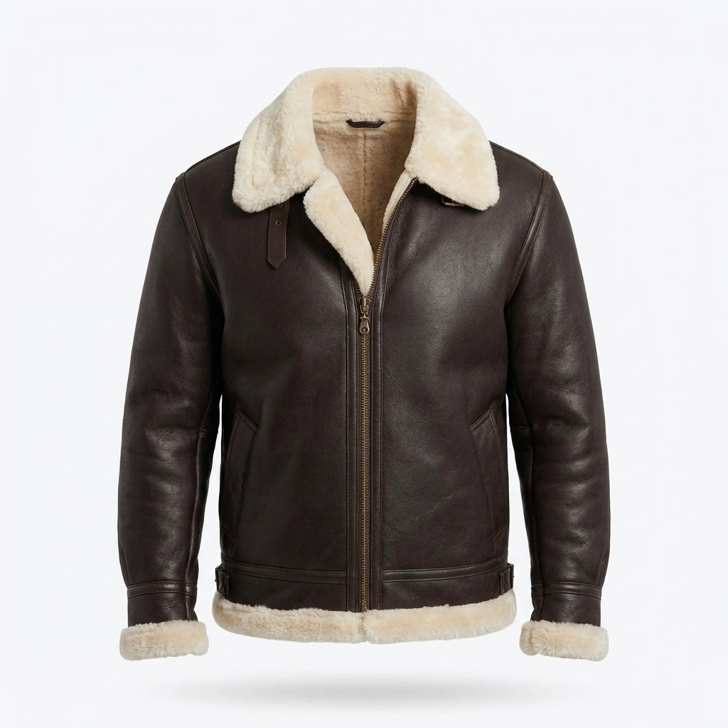 Men's Brown Sheepskin Flight Jacket with Cream Shearling Lining