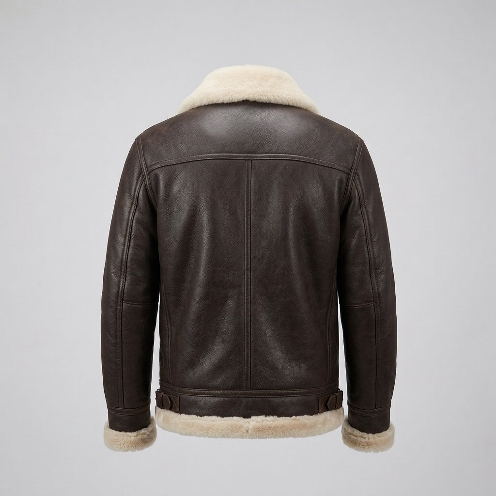 Men's Brown Sheepskin Flight Jacket with Cream Shearling Lining