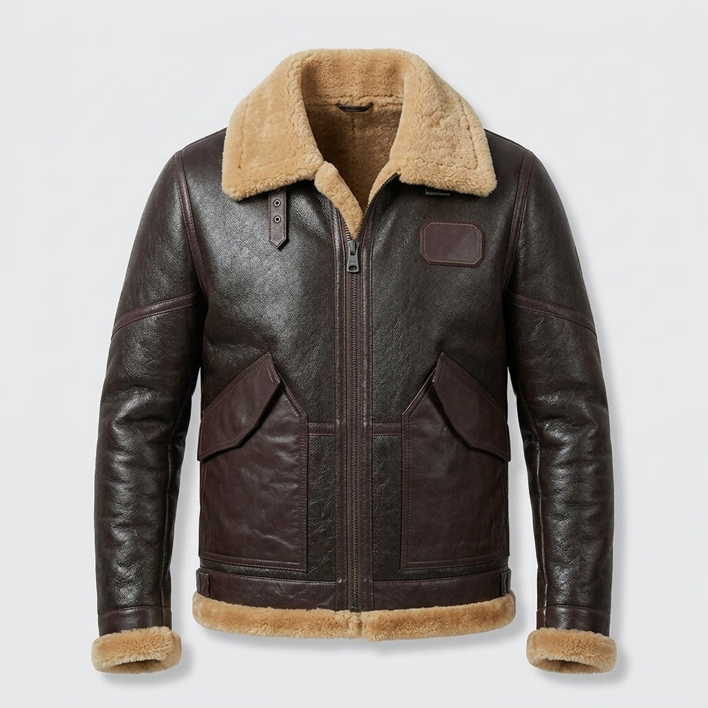 Men's Dark Brown Leather Flight Jacket with Tan Shearling Collar