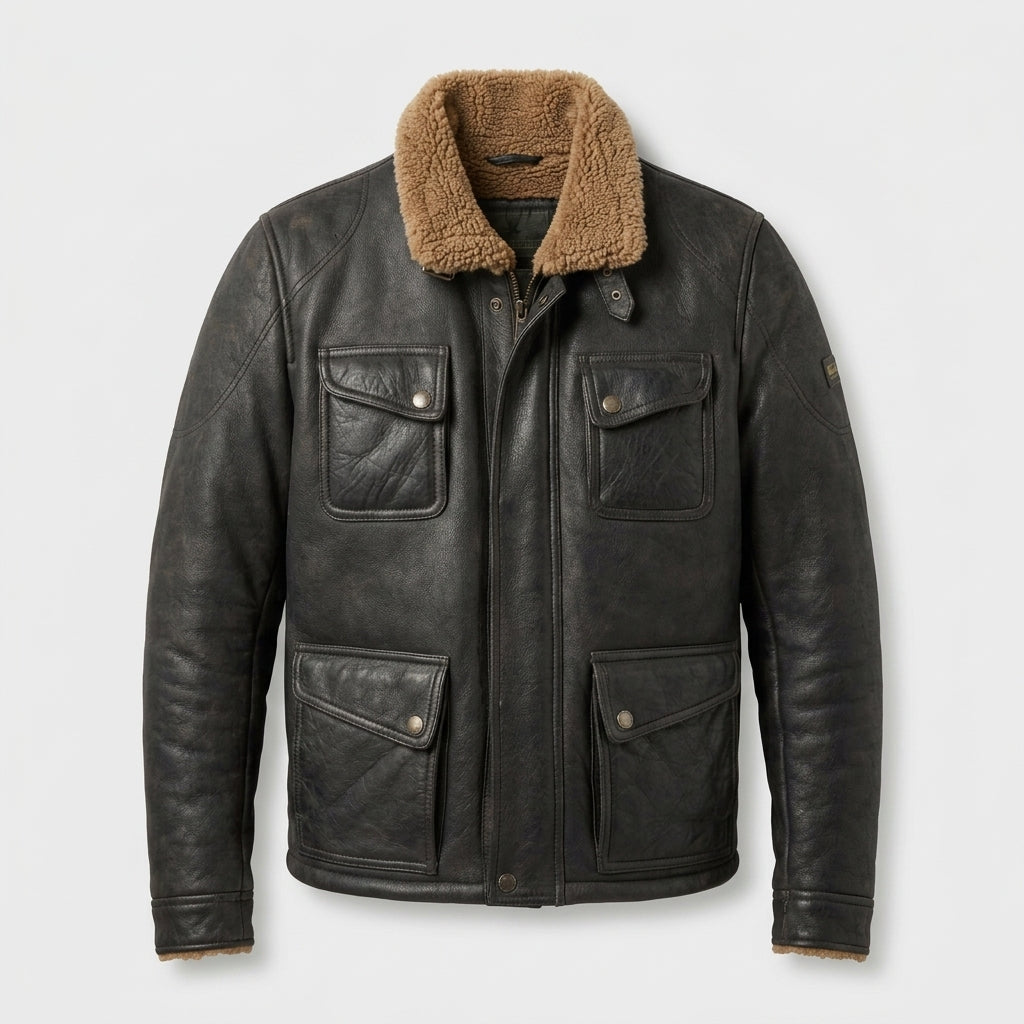 Men's Black Leather Flight Jacket Collar & Pockets