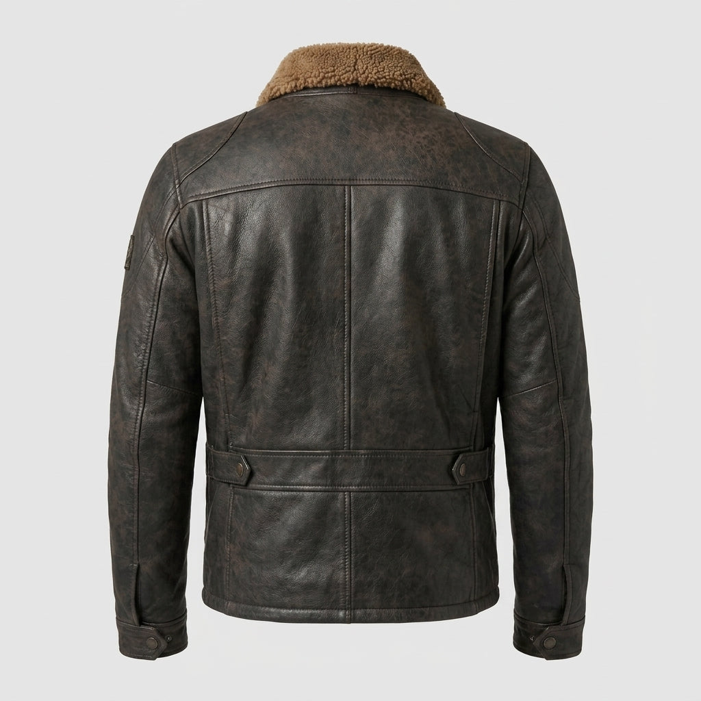 Men's Black Leather Flight Jacket Collar & Pockets